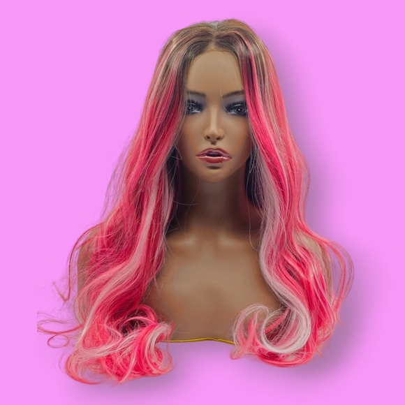Uniwigs Cranberry Frost Hot Pink & Red Blend with Black Rooted Lace Front Wig - Picture 1 of 10